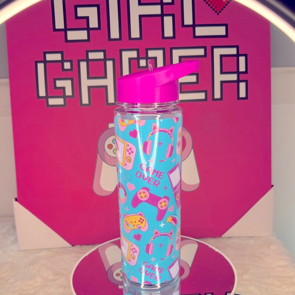 Gaming Themed Cold Water Bottle aqua blue w/pink Lid & straw, purple & pink 25oz